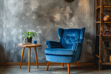 Interior with gray wall blue armchair and wood side table.の素材