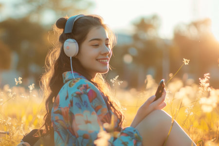 Happy young woman holding mobile phone enjoying listening music. full height.の素材
