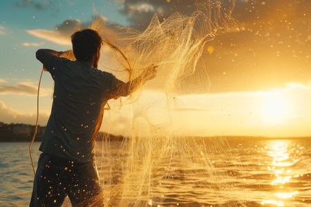 Man throwing fishing net during sunrise.の素材
