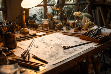 Designer drawing table with lots of elements and a centered copy space.の素材