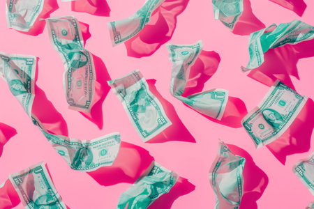 Pattern of crumpled dollar bills lying against pink background.の素材