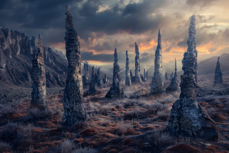 A field of surreal rock spires stands like sentinels in a forgotten wilderness.の素材