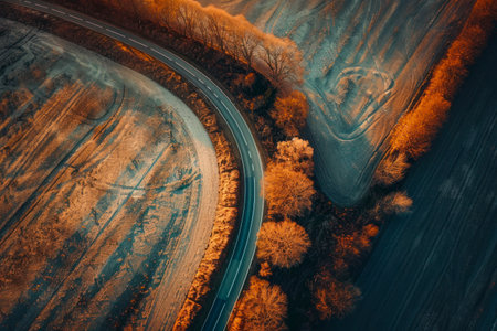 Aerial view of a road crossing the countryside.の素材