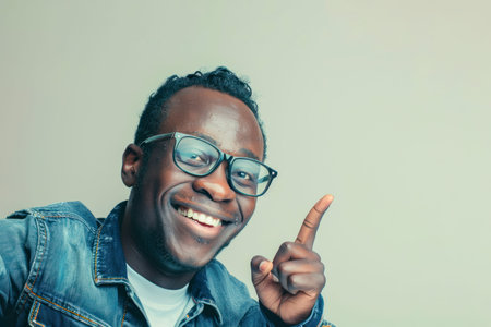 Cheerful african man wearing glasses pointing fingers aside at copy space for your text.の素材