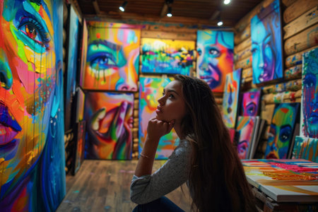 Creative artist lost in thought, surrounded by her vibrant artworks.の素材