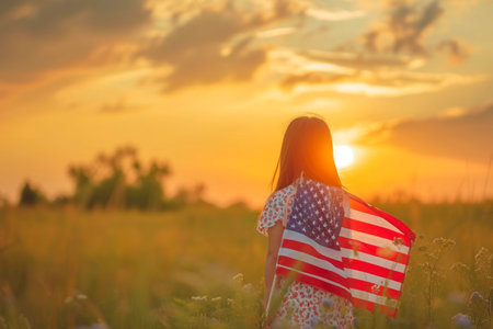 Young asian woman holding USA flag in the field at sunset timeの素材