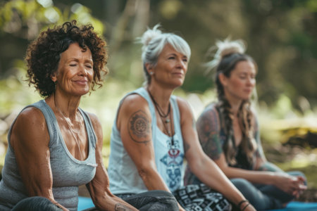 Group Of Mature Female Friends On Outdoor Yoga Retreat.の素材