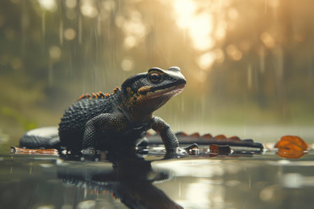 Great crested newt or water dragon in fresh water pond.の素材
