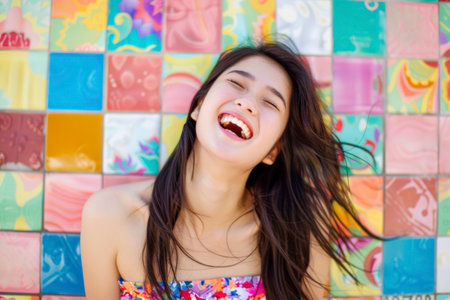 Happy girl laughing against a colorful tiles background.の素材
