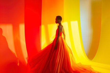 Woman on gradient background shifting from fiery red to golden yellow.の素材
