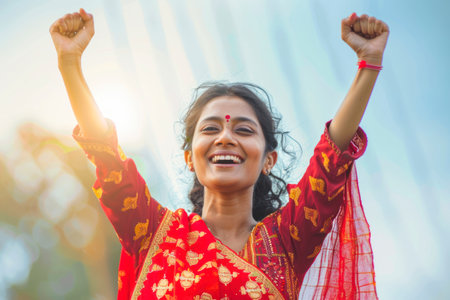 Great News. Portrait Of Excited Indian Woman Celebrating Win.の素材