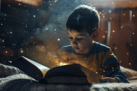 Open old book merged with magic galaxy sky. Concept of literature, fantasy, horoscope, religion etc.の素材