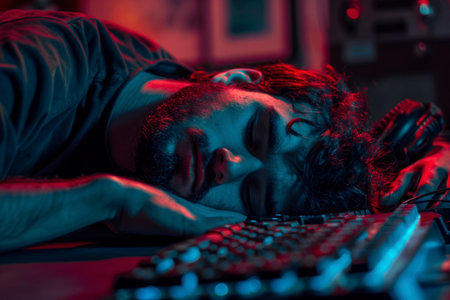 Overtime concept. Man sleeping on keyboard.の素材