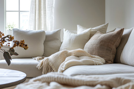 Scandinavian-inspired living room interior with clean lines, neutral tones.の素材