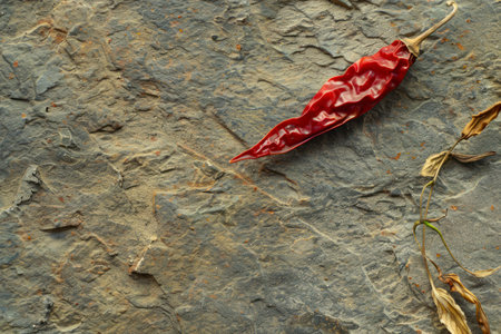Red chili pepper dried. On a stone background. Free space for text. Top view.の素材