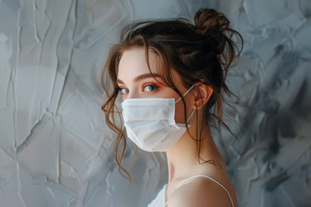 Portrait of a young woman in a medical mask over gray background.の素材