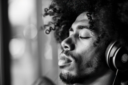 Retro man with afro listening to music on DJ headphones.の素材