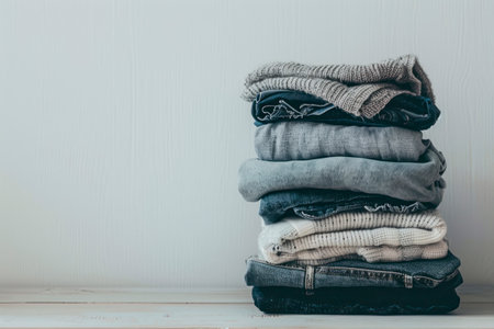 Stack of clothes on table against light background. Space for text.の素材