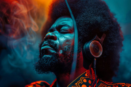 Retro man with afro listening to music on DJ headphones.の素材