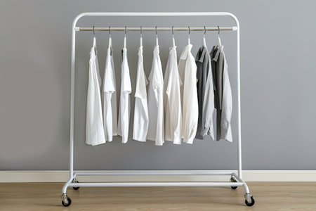 Wardrobe stand with hangers on light background.の素材