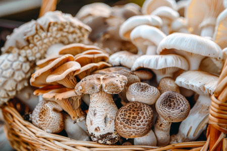 Variety of Mushrooms in a basket, closeup.の素材