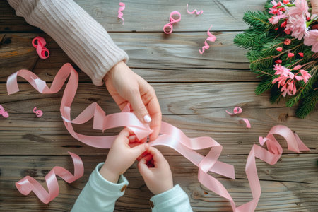 Woman and child holding pink ribbon on wooden background, top view with space for text.の素材
