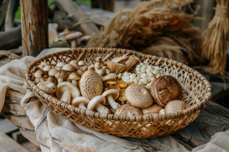 Wicker tray with variety of raw mushrooms on wooden table.の素材