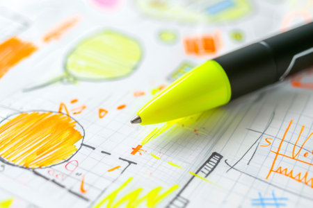 Yellow Highlighter Pen and Doodles Isolated on White Background with Text Space.の素材