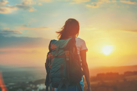 Woman traveler with backpack, wanderlust travel concept, space for text, atmospheric epic moment.の素材