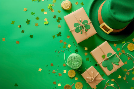 St. Patrick's Day background. Green hat, shamrock, gift boxes, golden confetti on green background. Flat lay, top view.の素材