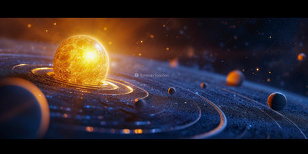 Solar system with planets and stars. Science fiction. 3D renderingの素材