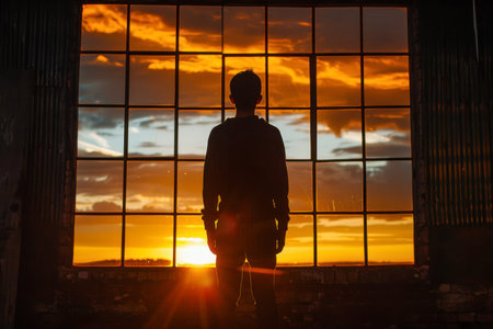 Silhouette of an individual stands before a sunset, framed by the geometry of a window.の素材