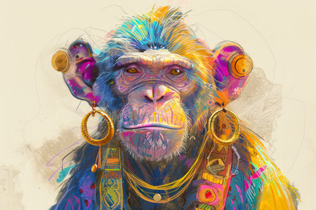 Baboon with gold earrings and rings, colorful sketch illustration.の素材