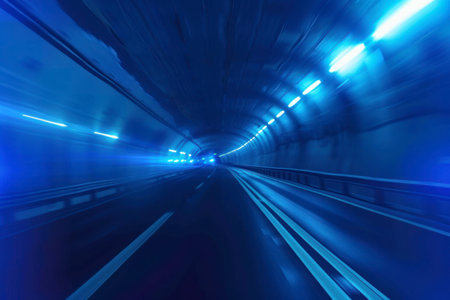 Blue Abstract blurred speed motion in urban highway road tunnel, moving towards the light.の素材