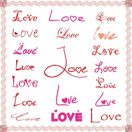 Vector love texts with heart elements in different colorsのイラスト素材