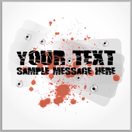 Distorted text with blood spatter on a metallic background with gunshot holesのイラスト素材
