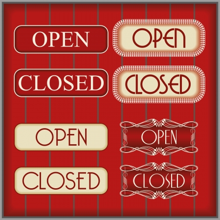 Elegant open and close signs on dark brown backgroundのイラスト素材
