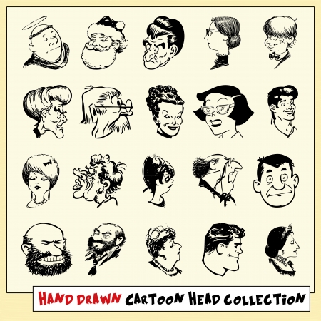 Collection of twenty hand drawn cartoon heads in black, isolated on light yellow backgroundのイラスト素材