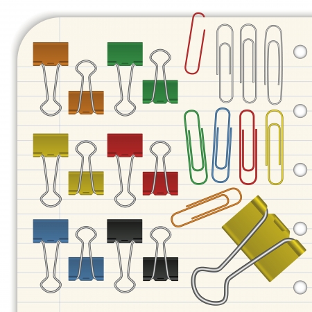 Colorful paper binders and clips isolated on a notebook pageのイラスト素材
