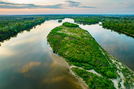 The Vistula, the largest Polish river. View from a drone near Warsaw. The beautiful river and wild...