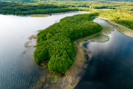 View from the top of Wierzchowo lake in Poland. Green forest surrounding the lake and clear blue...
