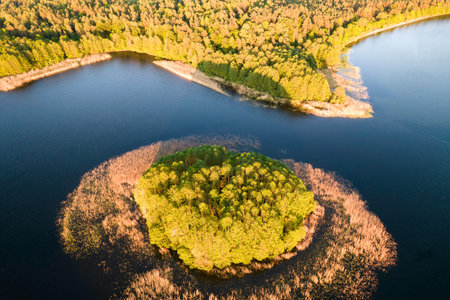 View from the top of Wierzchowo lake in Poland. Green forest surrounding the lake and clear blue...