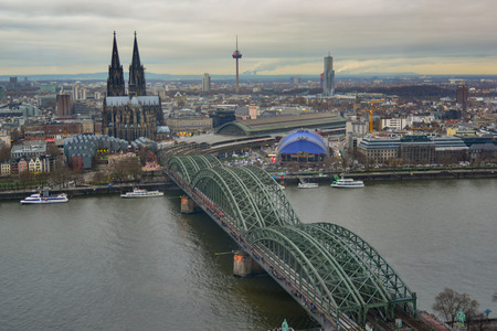 Cologne Daytime Landscape with Cathedral, TV Tower, Hohenzoller Bridge, and Riverの写真素材