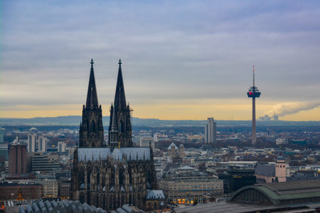 Cologne Skyline with Cathedral and TV Tower in Sunsetのeditorial素材