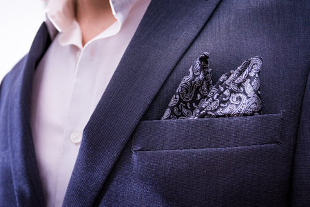 Man Wearing Suit Closeup Handkerchief Pocket Paisley Texture Tuxedo Professional Fashion Wear Blazer Jacket Chestの写真素材