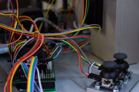 Joystick Open Circuit Boards Connected Arduino Screws Blue PCB Buttons LEDの写真素材