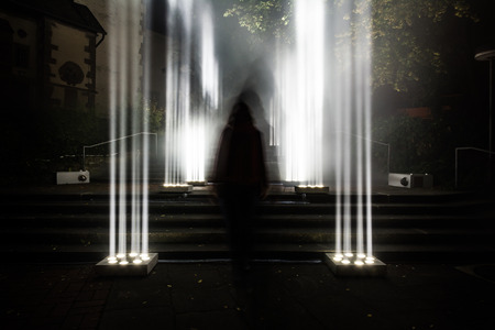 Dark Enigma Scary Mysterious Bright Light Columns Outdoors Creepy Staircase Moving Shadow Silhouetteの写真素材