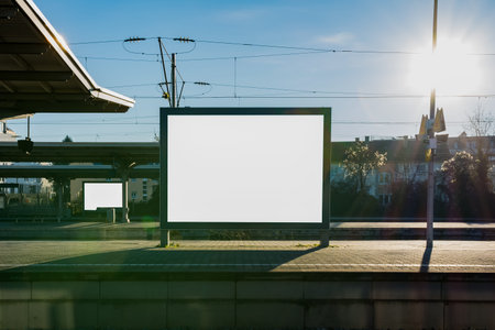 Train Station Billboard Blank White Isolated Clipping Path Outdoors Blue Sky Ad Space Advertisementの写真素材