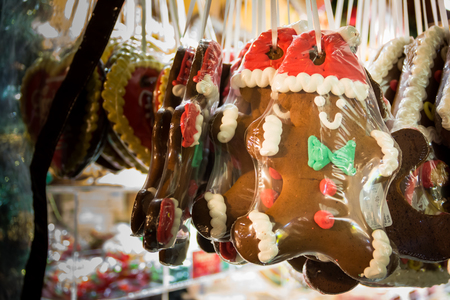 Haanging Bunch of GIngerbread Men Christmas Market Plastic Wrapped Packagedの写真素材