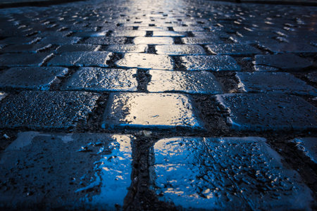 Cobblestone Path Closeup Texture Afternoon Blue Progress Goals Walkway Sidewalk Sunlight Cold Warmの写真素材